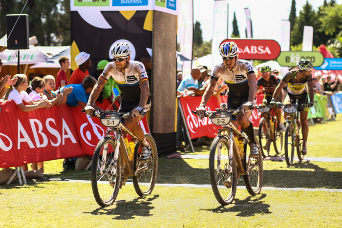 Karl Platt and Stefan Sahm sit 5th overall after stage 1 of the 2012 ABSA Cape Epic. Photo: Sportograf Karl Platt and Stefan Sahm sit 5th overall after stage 1 of the 2012 ABSA Cape Epic. Photo: Sportograf