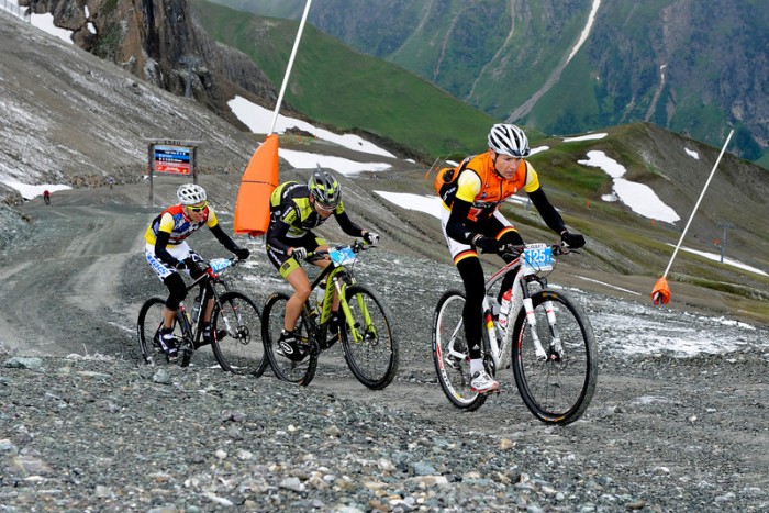 Break away group of Markus Kaufmann (GER, Centurion-Vaude), Robert Mennen (GER, Topeak Ergon Racing) and Thomas Stoll (SUI, BiXS iXS Pro Team) at top of high point of the 2012 Transalp, the Idjoch (2,737m). © Craft Bike Transalp/Peter Musch Break away group of Markus Kaufmann (GER, Centurion-Vaude), Robert Mennen (GER, Topeak Ergon Racing) and Thomas Stoll (SUI, BiXS iXS Pro Team) at top of high point of the 2012 Transalp, the Idjoch (2,737m). © Craft Bike Transalp/Peter Musch