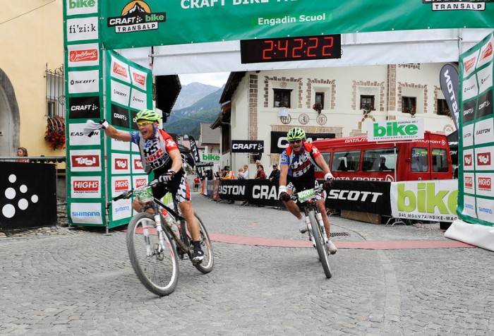 Renato Burch (SUI) und Bärti Bucher (SUI) of BiXS Suisse celebrate their first stage win in senior master category, both racers also took over the lead in the classifier as the former leaders had to quit the race (technical problems) © Craft Bike Transalp/Peter Musch Renato Burch (SUI) und Bärti Bucher (SUI) of BiXS Suisse celebrate their first stage win in senior master category, both racers also took over the lead in the classifier as the former leaders had to quit the race (technical problems) © Craft Bike Transalp/Peter Musch