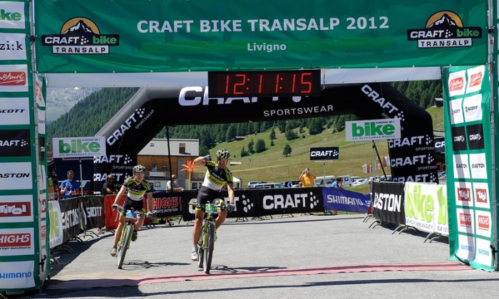 Stage winners again: Alban Lakata (AUT), right and Robert Mennen (GER) of Topeak Ergon Racing. © Craft Bike Transalp/Peter Musch Stage winners again: Alban Lakata (AUT), right and Robert Mennen (GER) of Topeak Ergon Racing. © Craft Bike Transalp/Peter Musch