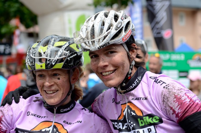 Sally Bigham (GBR) of Topeak Ergon Racing left and Milena Landtwing (SUI) of Centurion-Vaude - winners of the 2012 Craft Bike Transalp © Craft Bike Transalp/Peter Musch Sally Bigham (GBR) of Topeak Ergon Racing left and Milena Landtwing (SUI) of Centurion-Vaude - winners of the 2012 Craft Bike Transalp © Craft Bike Transalp/Peter Musch