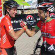 South African Renay Groustra (left) congratulates German partner Daniel Gathof after winning the three-day Rocky Mountain Garden Route 300 mountain bike race which finished in Knysna on Sunday. Photo: Coetzee Gouws/fullstop
