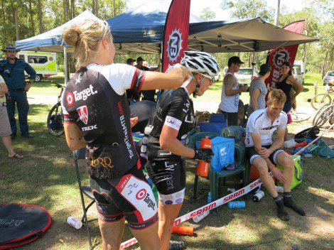 Mullens exited the race, but was helping other racers in the Tech Feed zone straight away.