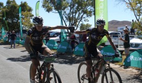 RE:CM’s Lourens Luus (left) and Waylon Woolcock (right) stormed into the finish to take the stage win and overall lead on day three of the nine-day Old Mutual joBerg2c mountain bike race on Sunday. Photo: Full Stop Communications/Old Mutual joBerg2c