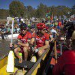 Olympic gold medallist Matthew Brittain (left) and fellow rower Rob Dormehl (right) during the traditional dragon boat crossing of the Vaal Dam on the opening stage of the nine-day Old Mutual joBerg2c on Friday. Photo: Thys Dullaart