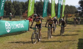 Belgium’s Kevin van Hoovels (left) and his Contego team-mate Louis-Bresler Knipe (second from left) celebrate as they sprint to a second stage win on day seven of the Old Mutual joBerg2c mountain bike race on Thursday. Photo: Full Stop Communications