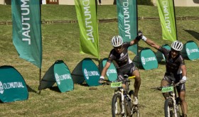 FedGroup-Itec’s Neil MacDonald (left) and Brandon Stewart (right) claim their second stage win on day five of the Old Mutual joBerg2c mountain bike race in Kamberg on Tuesday. Photo: Kim le Roux
