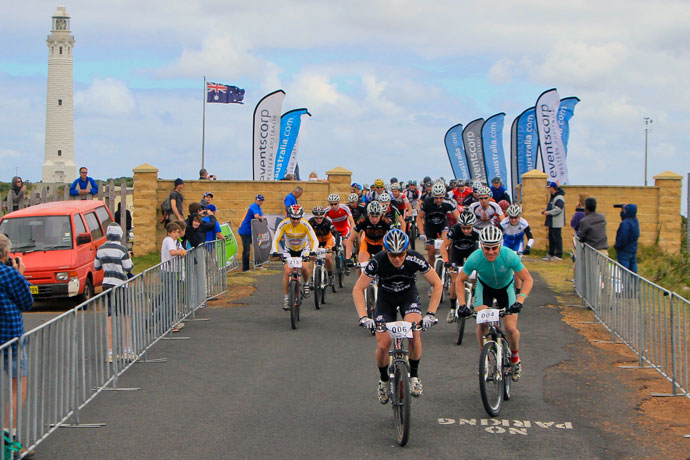 Chris Jongewaard (right) displays a cheshire grin just after the start at the Cape Leeuwin lighthouse