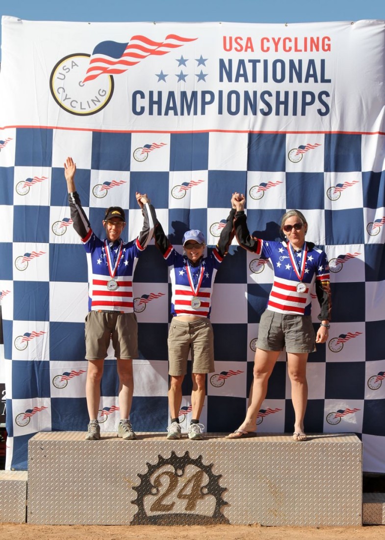 Michelle Slingsby, Coreen Wright and Kay Levesque celebrate winning the women's team event at the US 24-hour championships at Moab, Utah