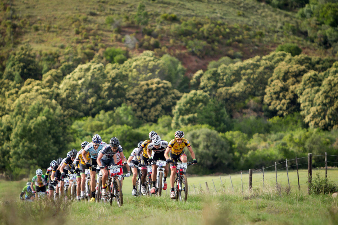 The lead bunch during stage 3 of the DCM Cape Pioneer Trek Mountain Bike stage race held from Riversdale, South Africa. Photo Nick Muzik/SPORTZPICS