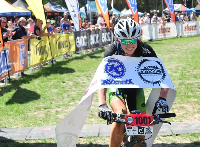 Peta Mullins breaks the tape for the second year in succession at the Kona Odyssey. Photo John Barter/Rapid Ascent