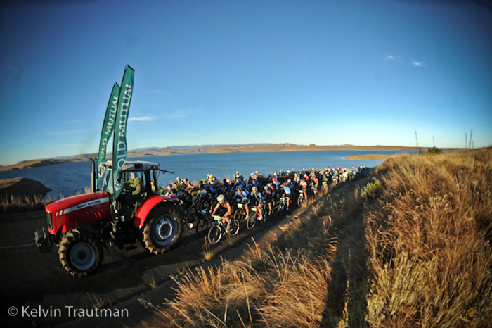 The bunch is led out by a local farmer onto the stage start. Photo: Kelvin Trautman