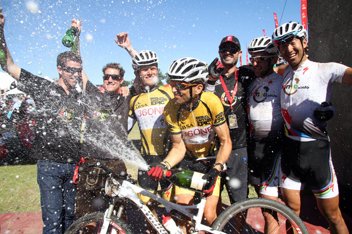 The 36One-Songo-Specialized squad celebrate together. Photo: Shaun Roy/Cape Epic/SPORTZPICS