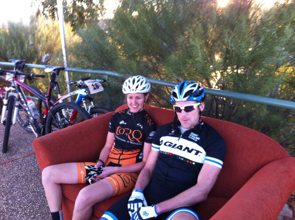 Sarah Holmes and Ben Hogarth. In the hot seat, and stage winners for the Anzac Hill Climb