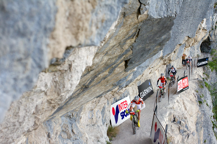 Riders make their way along the steep paths of the 2012 Salzkammergut Trophy race in Bad Goisern, Austria