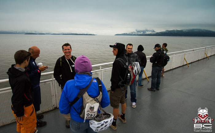 Riders chat on the ferry ride across to Vancouver Island