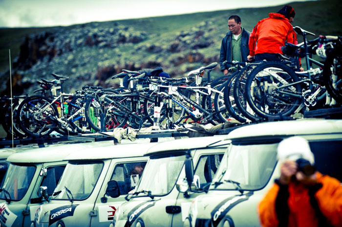 The unique support vehicles at the Mongolia Bike Challenge. Photo: Margus Riga