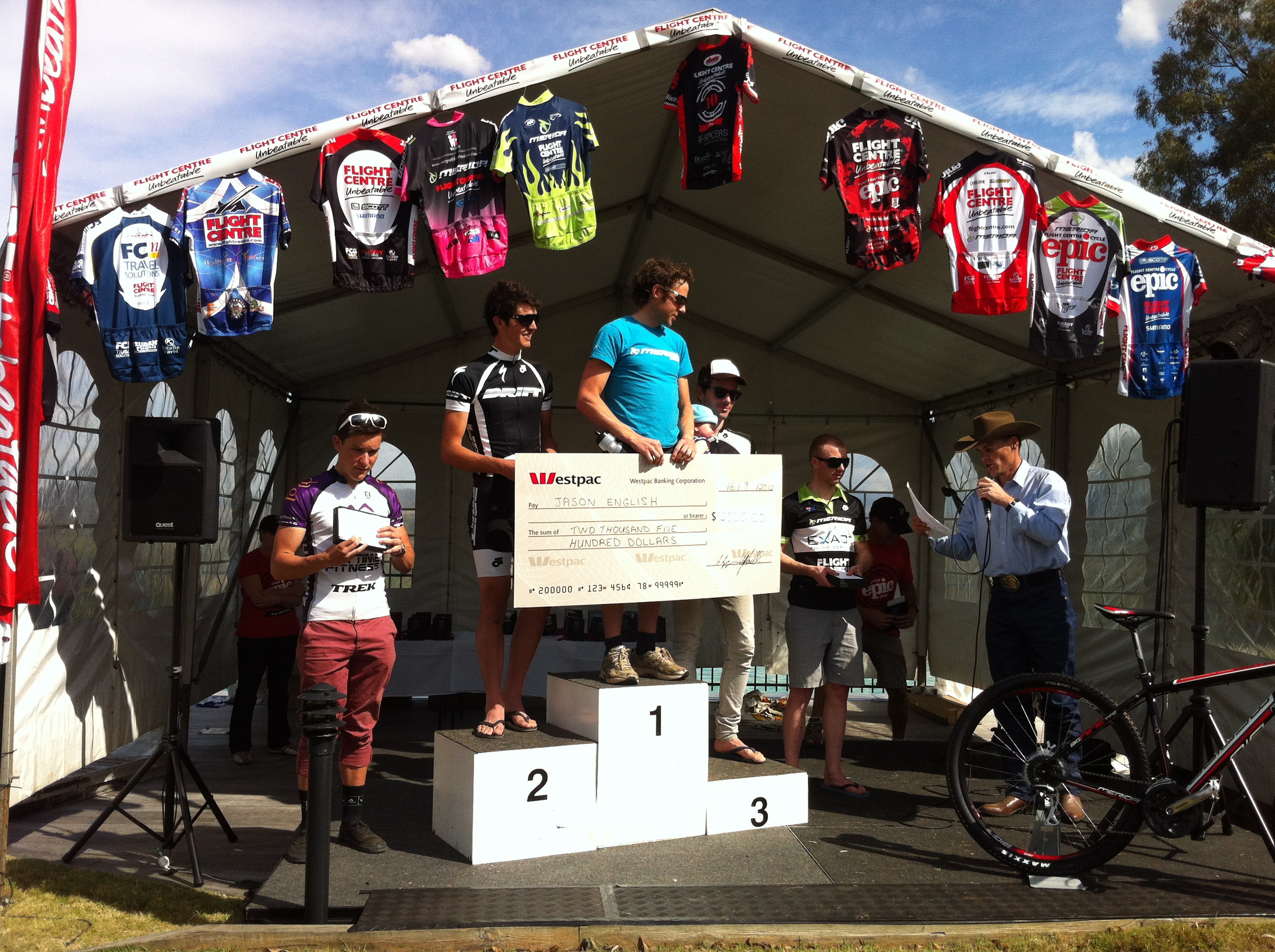 Men's podium at the 2012 Flight Centre Cycle Epic. Jason English took home the big cheque