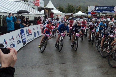 The start of the UCI Marathon World Championships. The crashing and carnage started soon after...