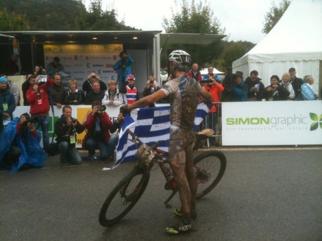 Greek racer Ilias Periklis at the finish, 2012 XCM Champion, sporting lucky 13.