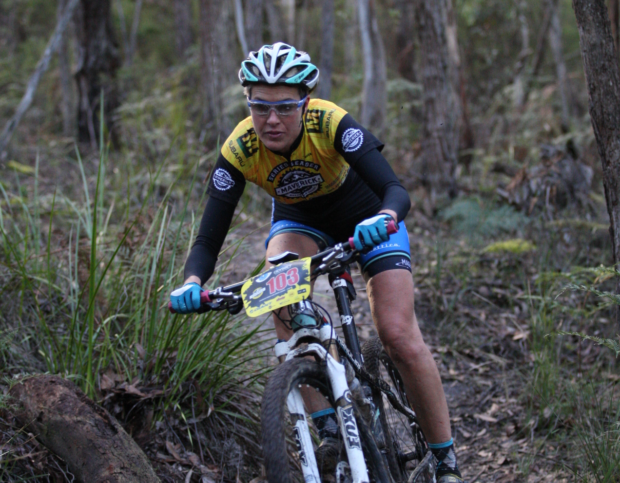 Otway Odyssey 2014; Naomi Hansen with the Yellow leader Jersey for the Maverick Mountain Bike Series. Photo Rapid Ascent