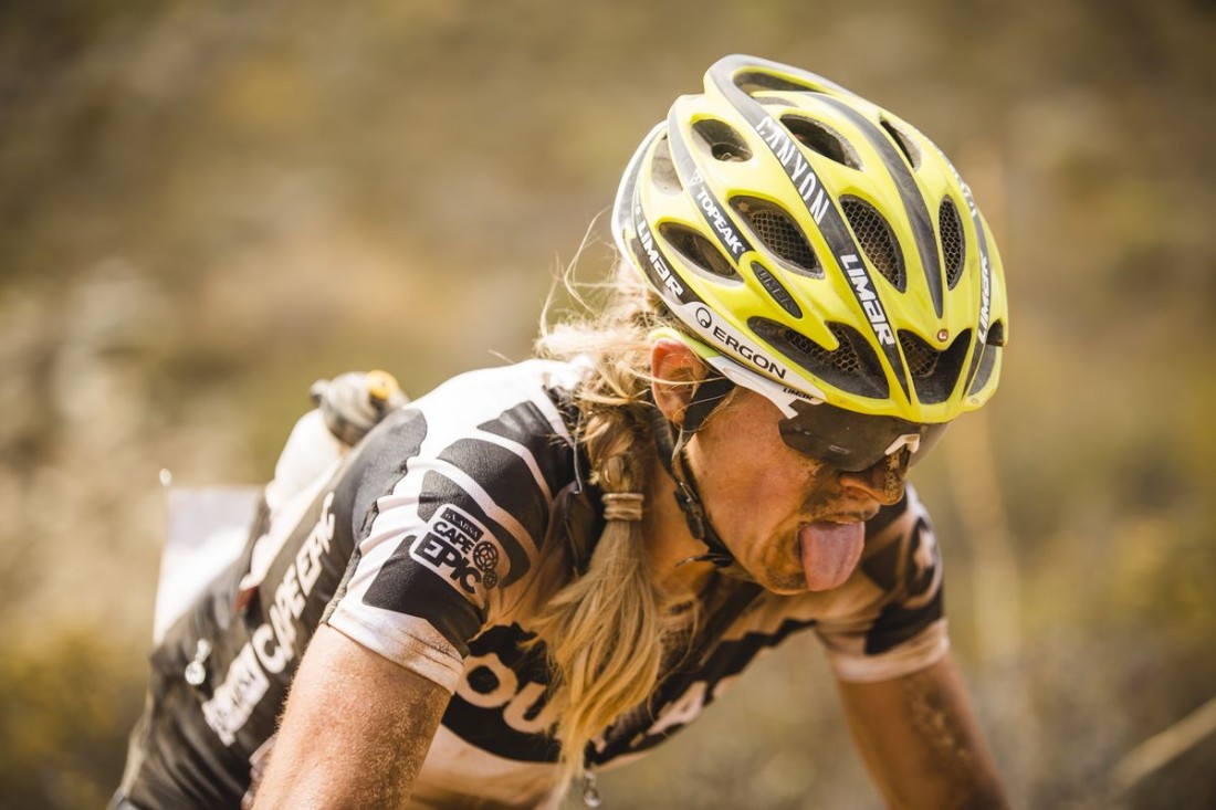 Sally Bigham reaches to top of a long and dusty climb during stage 4 of the...